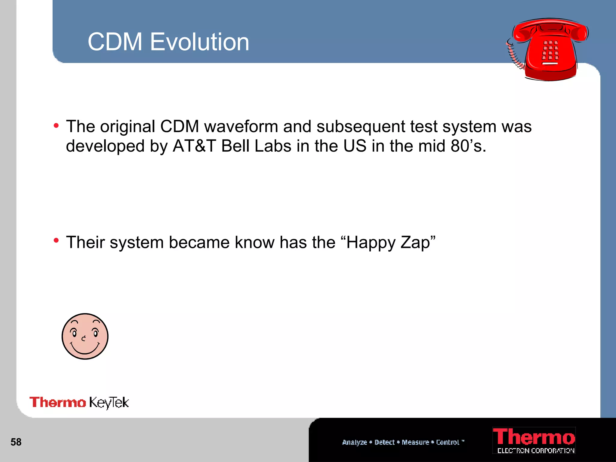 CDM Evolution The original CDM waveform and subsequent test system was developed by AT&T Bell Labs in the US in the mid 80’s.  Their system became know has the “Happy Zap”   
