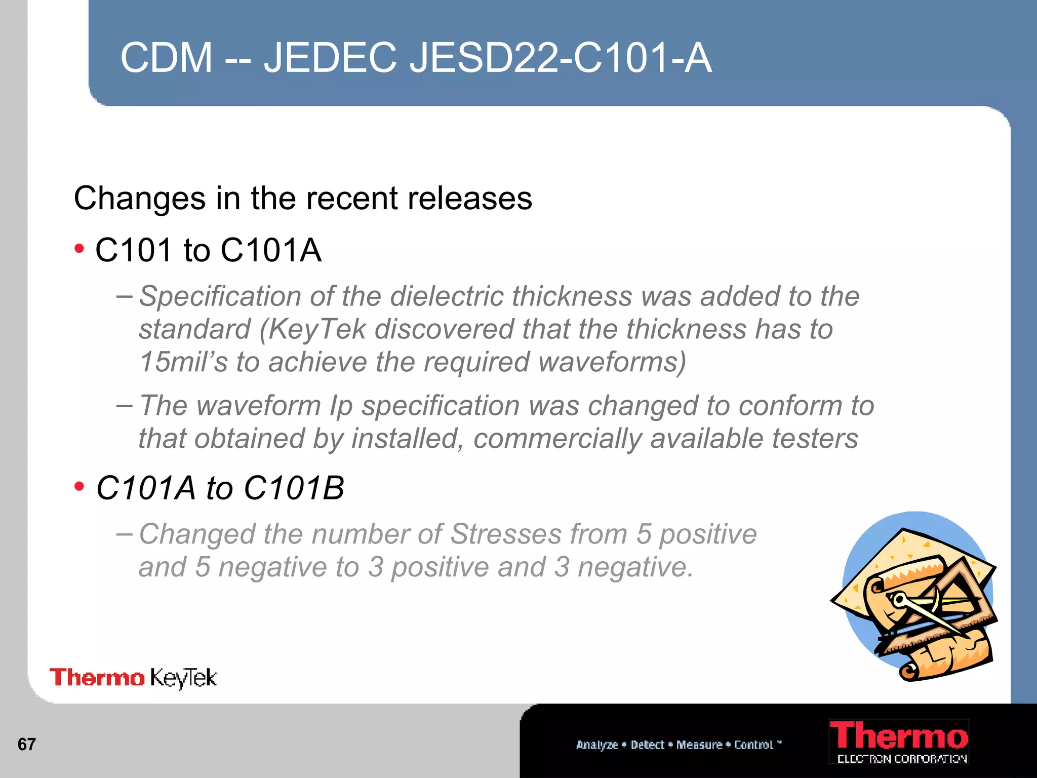 CDM -- JEDEC JESD22-C101-A Changes in the recent releases C101 to C101A Specification of the dielectric thickness was added to the standard (KeyTek discovered that the thickness has to 15mil’s to achieve the required waveforms) The waveform Ip specification was changed to conform to that obtained by installed, commercially available testers C101A to C101B Changed the number of Stresses from 5 positive and 5 negative to 3 positive and 3 negative. 