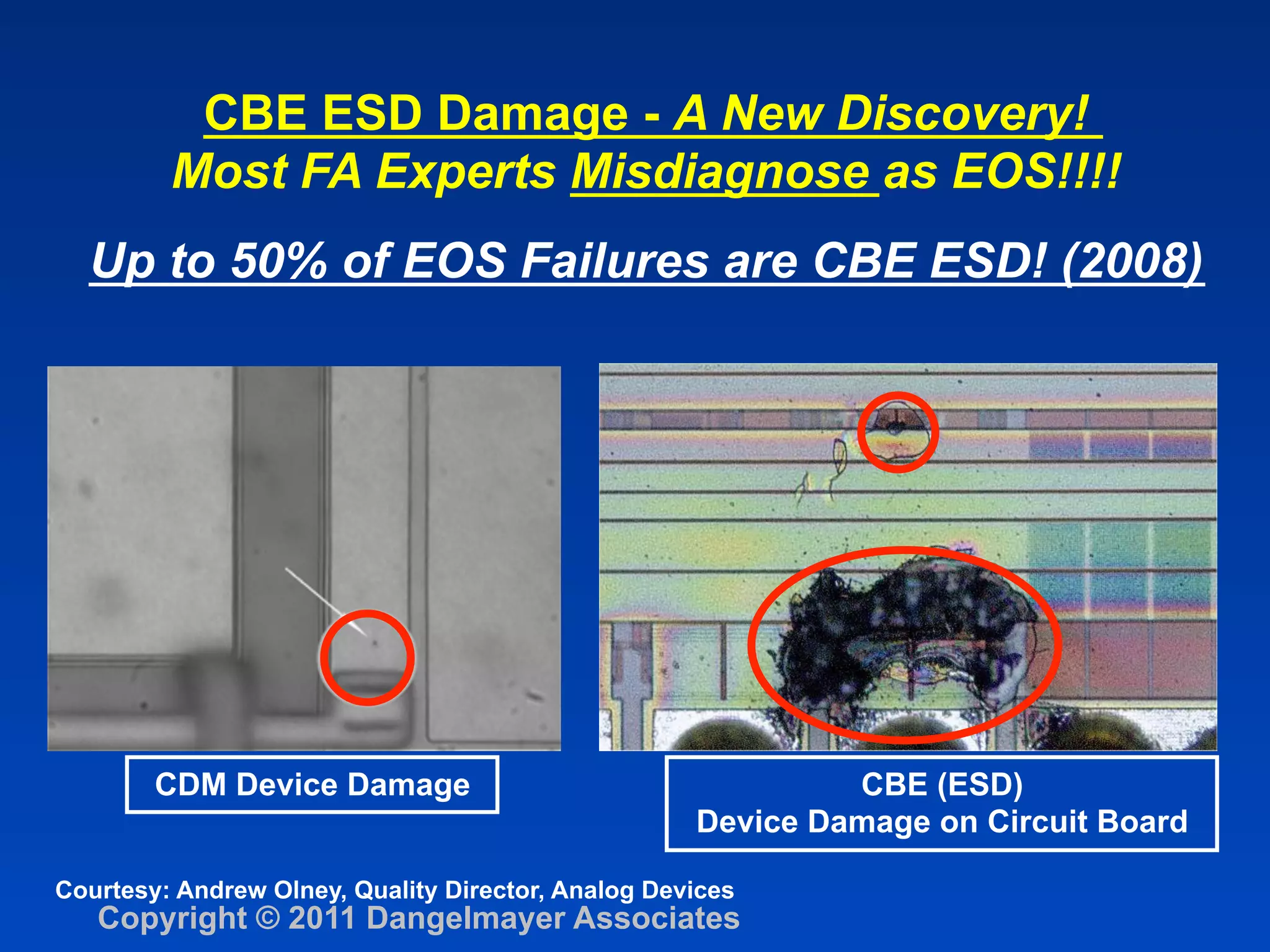 CBE ESD Damage - A New Discovery!
         Most FA Experts Misdiagnose as EOS!!!!
  Up to 50% of EOS Failures are CBE ESD! (2008)




        CDM Device Damage                                    CBE (ESD)
                                                    Device Damage on Circuit Board

Courtesy: Andrew Olney, Quality Director, Analog Devices
   Copyright © 2011 Dangelmayer Associates
 