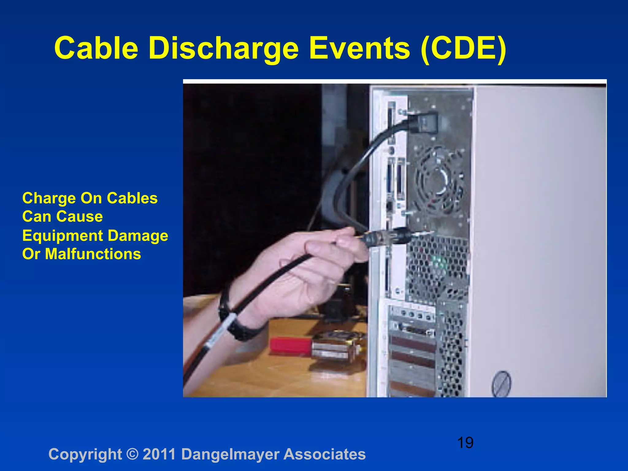 Cable Discharge Events (CDE)



Charge On Cables
Can Cause
Equipment Damage
Or Malfunctions




                                            19
  Copyright © 2011 Dangelmayer Associates
 