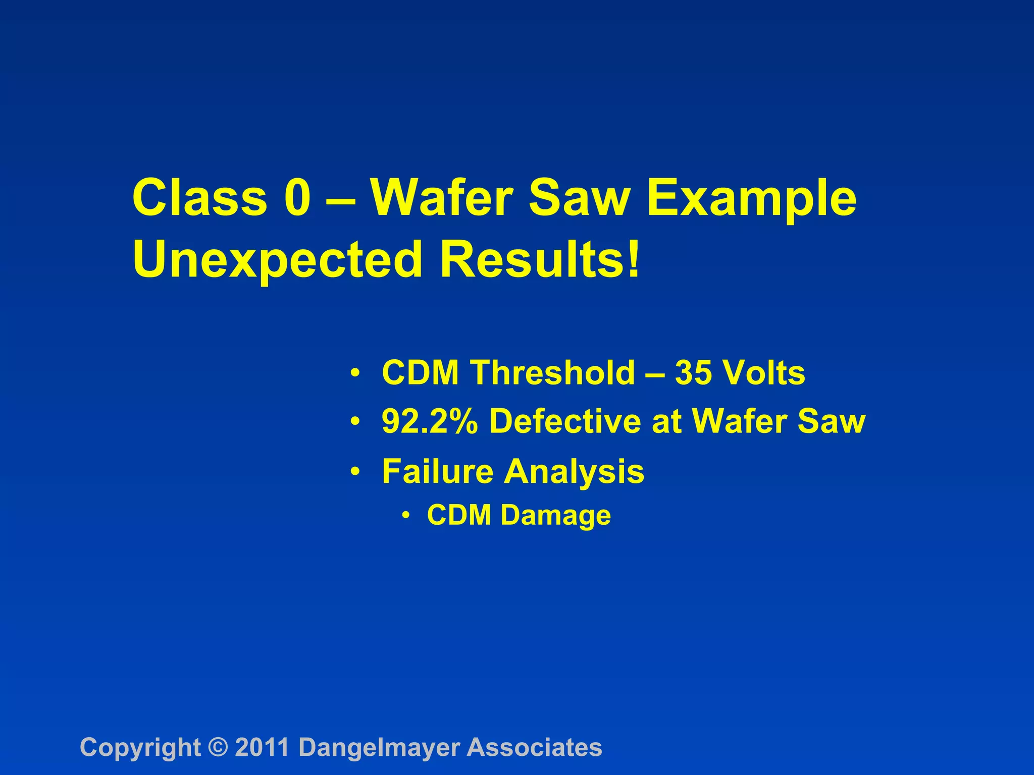 Class 0 – Wafer Saw Example
   Unexpected Results!

                    •  CDM Threshold – 35 Volts
                    •  92.2% Defective at Wafer Saw
                    •  Failure Analysis
                       •  CDM Damage




Copyright © 2011 Dangelmayer Associates
 