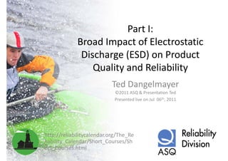 Part I:
             Broad Impact of Electrostatic 
              Discharge (ESD) on Product 
              Discharge (ESD) on Product
                 Q
                 Quality and Reliability
                       y               y
                           Ted Dangelmayer
                             ©2011 ASQ & Presentation Ted
                             Presented live on Jul  06th, 2011




http://reliabilitycalendar.org/The_Re
liability_Calendar/Short_Courses/Sh
liability Calendar/Short Courses/Sh
ort_Courses.html
 