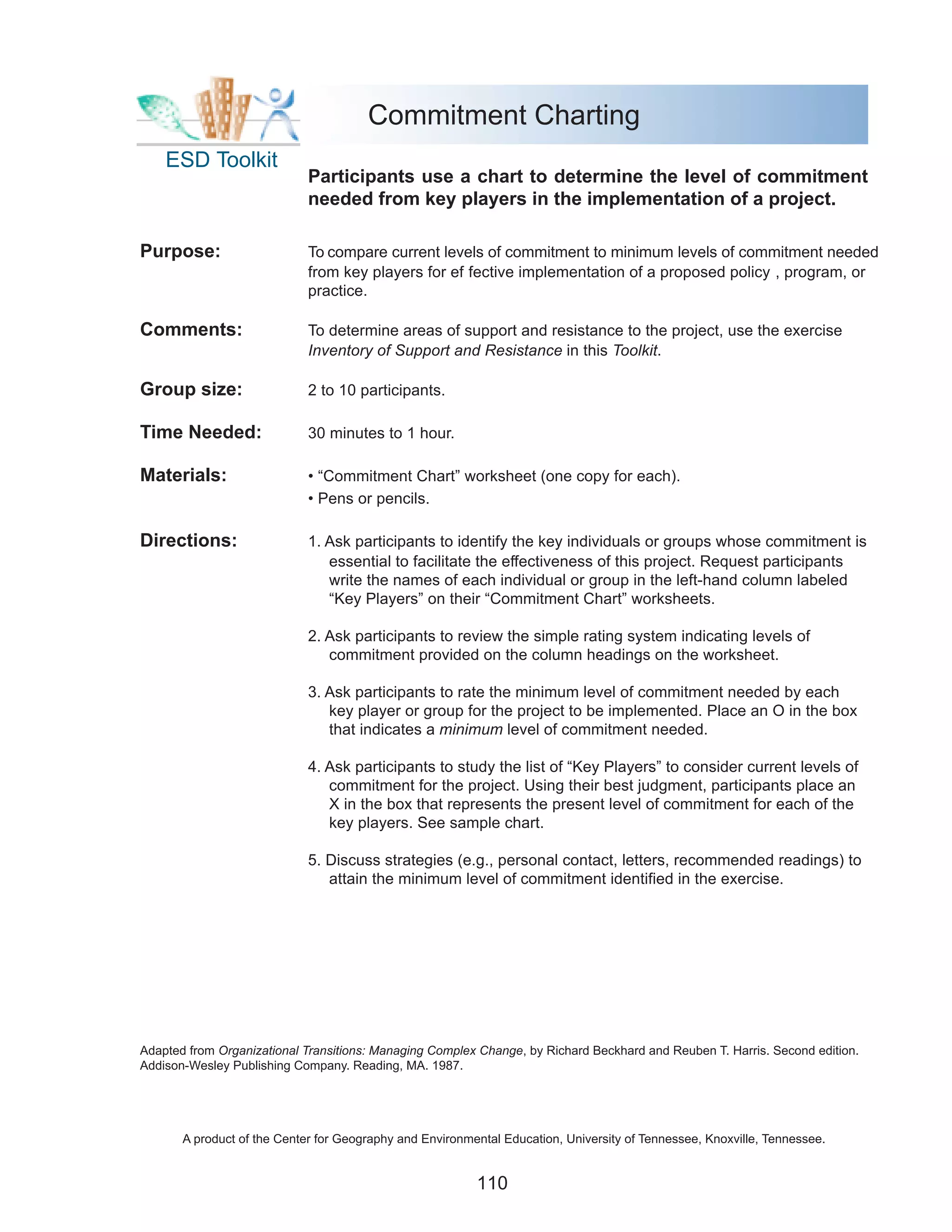 Commitment Charting
    ESD Toolkit
                             Participants use a chart to determine the level of commitment
                             needed from key players in the implementation of a project.

Purpose:                     To compare current levels of commitment to minimum levels of commitment needed
                             from key players for ef fective implementation of a proposed policy , program, or
                             practice.

Comments:                    To determine areas of support and resistance to the project, use the exercise
                             Inventory of Support and Resistance in this Toolkit.

Group size:                  2 to 10 participants.

Time Needed:                 30 minutes to 1 hour.

Materials:                   • “Commitment Chart” worksheet (one copy for each).
                             • Pens or pencils.

Directions:                  1. Ask participants to identify the key individuals or groups whose commitment is
                                essential to facilitate the effectiveness of this project. Request participants
                                write the names of each individual or group in the left-hand column labeled
                                “Key Players” on their “Commitment Chart” worksheets.

                             2. Ask participants to review the simple rating system indicating levels of
                                commitment provided on the column headings on the worksheet.

                             3. Ask participants to rate the minimum level of commitment needed by each
                                key player or group for the project to be implemented. Place an O in the box
                                that indicates a minimum level of commitment needed.

                             4. Ask participants to study the list of “Key Players” to consider current levels of
                                commitment for the project. Using their best judgment, participants place an
                                X in the box that represents the present level of commitment for each of the
                                key players. See sample chart.

                             5. Discuss strategies (e.g., personal contact, letters, recommended readings) to
                                attain the minimum level of commitment identified in the exercise.




Adapted from Organizational Transitions: Managing Complex Change, by Richard Beckhard and Reuben T. Harris. Second edition.
Addison-Wesley Publishing Company. Reading, MA. 1987.




       A product of the Center for Geography and Environmental Education, University of Tennessee, Knoxville, Tennessee.


                                                          110
 