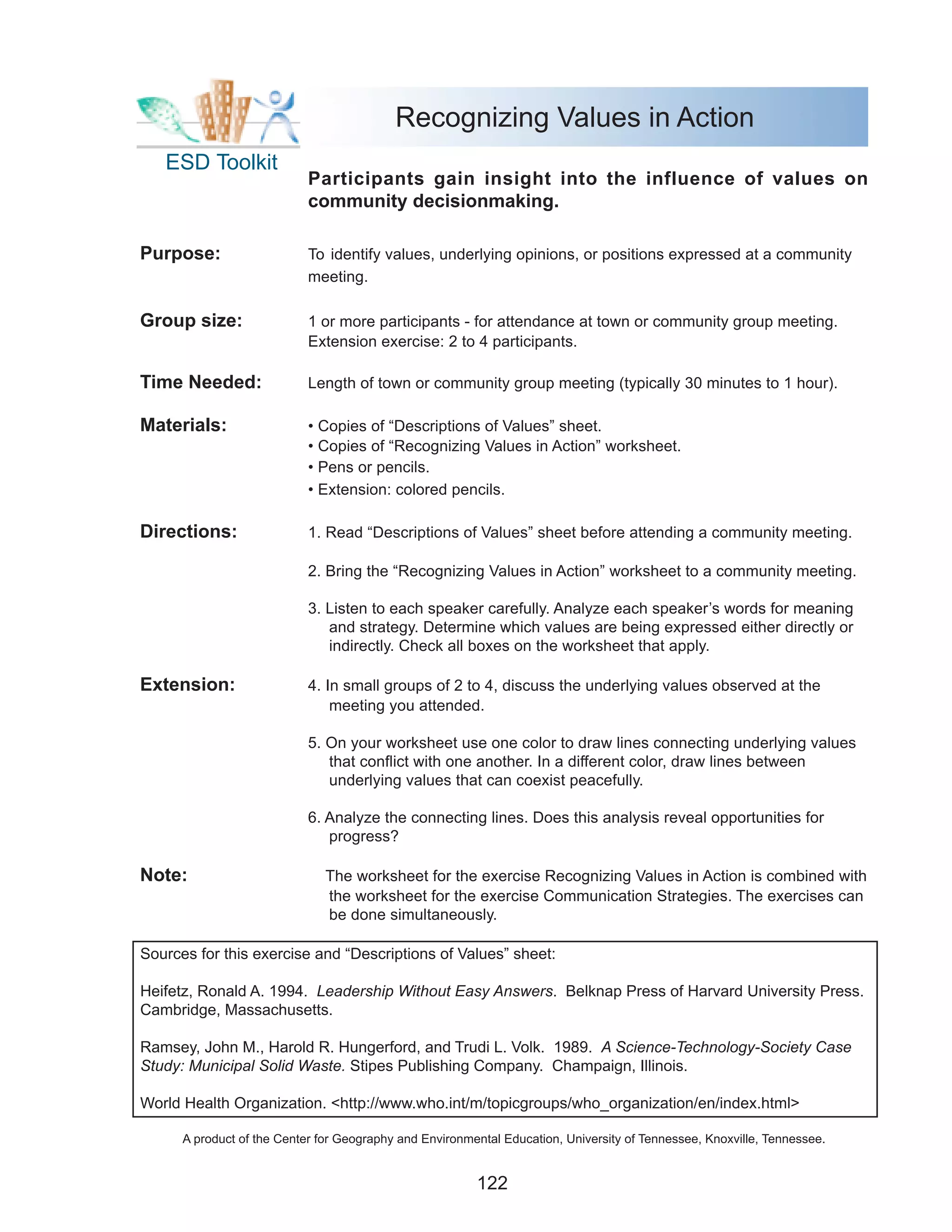 Recognizing Values in Action
   ESD Toolkit
                            Participants gain insight into the influence of values on
                            community decisionmaking.

Purpose:                    To identify values, underlying opinions, or positions expressed at a community
                            meeting.

Group size:                 1 or more participants - for attendance at town or community group meeting.
                            Extension exercise: 2 to 4 participants.

Time Needed:                Length of town or community group meeting (typically 30 minutes to 1 hour).

Materials:                  • Copies of “Descriptions of Values” sheet.
                            • Copies of “Recognizing Values in Action” worksheet.
                            • Pens or pencils.
                            • Extension: colored pencils.

Directions:                 1. Read “Descriptions of Values” sheet before attending a community meeting.

                            2. Bring the “Recognizing Values in Action” worksheet to a community meeting.

                            3. Listen to each speaker carefully. Analyze each speaker’s words for meaning
                               and strategy. Determine which values are being expressed either directly or
                               indirectly. Check all boxes on the worksheet that apply.

Extension:                  4. In small groups of 2 to 4, discuss the underlying values observed at the
                                meeting you attended.

                            5. On your worksheet use one color to draw lines connecting underlying values
                               that conflict with one another. In a different color, draw lines between
                               underlying values that can coexist peacefully.

                            6. Analyze the connecting lines. Does this analysis reveal opportunities for
                               progress?

Note:                          The worksheet for the exercise Recognizing Values in Action is combined with
                               the worksheet for the exercise Communication Strategies. The exercises can
                               be done simultaneously.

Sources for this exercise and “Descriptions of Values” sheet:

Heifetz, Ronald A. 1994. Leadership Without Easy Answers. Belknap Press of Harvard University Press.
Cambridge, Massachusetts.

Ramsey, John M., Harold R. Hungerford, and Trudi L. Volk. 1989. A Science-Technology-Society Case
Study: Municipal Solid Waste. Stipes Publishing Company. Champaign, Illinois.

World Health Organization. <http://www.who.int/m/topicgroups/who_organization/en/index.html>

      A product of the Center for Geography and Environmental Education, University of Tennessee, Knoxville, Tennessee.


                                                         122
 