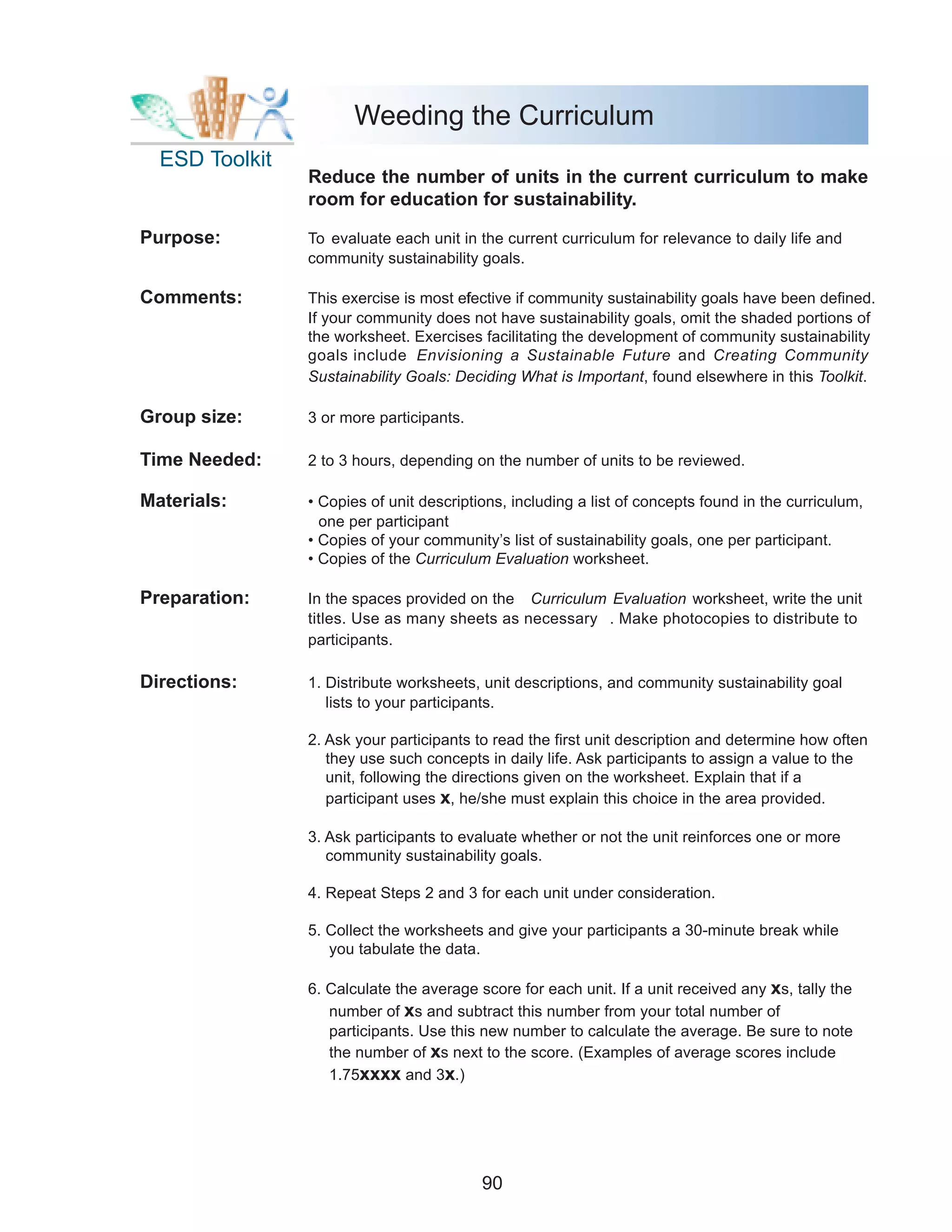 Weeding the Curriculum
  ESD Toolkit
                Reduce the number of units in the current curriculum to make
                room for education for sustainability.

Purpose:        To evaluate each unit in the current curriculum for relevance to daily life and
                community sustainability goals.

Comments:       This exercise is most efective if community sustainability goals have been defined.
                                       f
                If your community does not have sustainability goals, omit the shaded portions of
                the worksheet. Exercises facilitating the development of community sustainability
                goals include Envisioning a Sustainable Future and Creating Community
                Sustainability Goals: Deciding What is Important, found elsewhere in this Toolkit.

Group size:     3 or more participants.

Time Needed:    2 to 3 hours, depending on the number of units to be reviewed.

Materials:      • Copies of unit descriptions, including a list of concepts found in the curriculum,
                  one per participant
                • Copies of your community’s list of sustainability goals, one per participant.
                • Copies of the Curriculum Evaluation worksheet.

Preparation:    In the spaces provided on the Curriculum Evaluation worksheet, write the unit
                titles. Use as many sheets as necessary . Make photocopies to distribute to
                participants.

Directions:     1. Distribute worksheets, unit descriptions, and community sustainability goal
                   lists to your participants.

                2. Ask your participants to read the first unit description and determine how often
                   they use such concepts in daily life. Ask participants to assign a value to the
                   unit, following the directions given on the worksheet. Explain that if a
                   participant uses x, he/she must explain this choice in the area provided.

                3. Ask participants to evaluate whether or not the unit reinforces one or more
                   community sustainability goals.

                4. Repeat Steps 2 and 3 for each unit under consideration.

                5. Collect the worksheets and give your participants a 30-minute break while
                   you tabulate the data.

                6. Calculate the average score for each unit. If a unit received any xs, tally the
                   number of xs and subtract this number from your total number of
                   participants. Use this new number to calculate the average. Be sure to note
                   the number of xs next to the score. (Examples of average scores include
                   1.75xxxx and 3x.)




                                          90
 