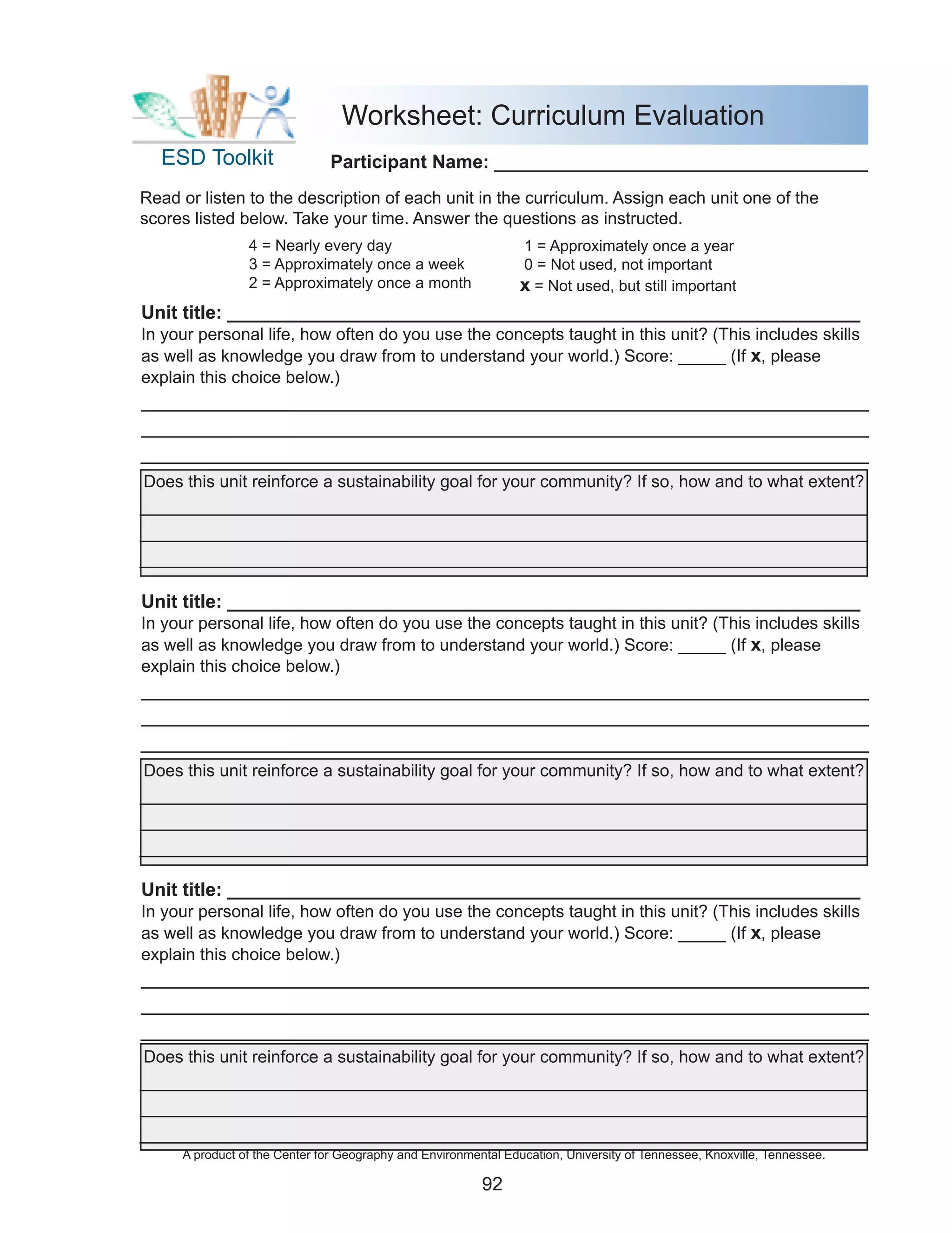 Worksheet: Curriculum Evaluation
  ESD Toolkit                 Participant Name: ____________________________________
Read or listen to the description of each unit in the curriculum. Assign each unit one of the
scores listed below. Take your time. Answer the questions as instructed.
                4 = Nearly every day                            1 = Approximately once a year
                3 = Approximately once a week                   0 = Not used, not important
                2 = Approximately once a month                  x = Not used, but still important
Unit title: _____________________________________________________________
In your personal life, how often do you use the concepts taught in this unit? (This includes skills
as well as knowledge you draw from to understand your world.) Score: _____ (If x, please
explain this choice below.)
___________________________________________________________________________________________
______________________________________________________________________________
 ______________________________________________________________________________
______________________________________________________________________________
 ______________________________________________________________________________
Does this unit reinforce a sustainability goal for your community? If so, how and to what extent?
___________________________________________________________________________________________
______________________________________________________________________________
 ______________________________________________________________________________
______________________________________________________________________________
 ______________________________________________________________________________

Unit title: _____________________________________________________________
In your personal life, how often do you use the concepts taught in this unit? (This includes skills
as well as knowledge you draw from to understand your world.) Score: _____ (If x, please
explain this choice below.)
___________________________________________________________________________________________
______________________________________________________________________________
 ______________________________________________________________________________
______________________________________________________________________________
 ______________________________________________________________________________
Does this unit reinforce a sustainability goal for your community? If so, how and to what extent?
___________________________________________________________________________________________
______________________________________________________________________________
 ______________________________________________________________________________
______________________________________________________________________________
 ______________________________________________________________________________
Unit title: _____________________________________________________________
In your personal life, how often do you use the concepts taught in this unit? (This includes skills
as well as knowledge you draw from to understand your world.) Score: _____ (If x, please
explain this choice below.)
___________________________________________________________________________________________
______________________________________________________________________________
 ______________________________________________________________________________
______________________________________________________________________________
 ______________________________________________________________________________
Does this unit reinforce a sustainability goal for your community? If so, how and to what extent?
___________________________________________________________________________________________
______________________________________________________________________________
 ______________________________________________________________________________
______________________________________________________________________________
 ______________________________________________________________________________
     A product of the Center for Geography and Environmental Education, University of Tennessee, Knoxville, Tennessee.

                                                         92
 