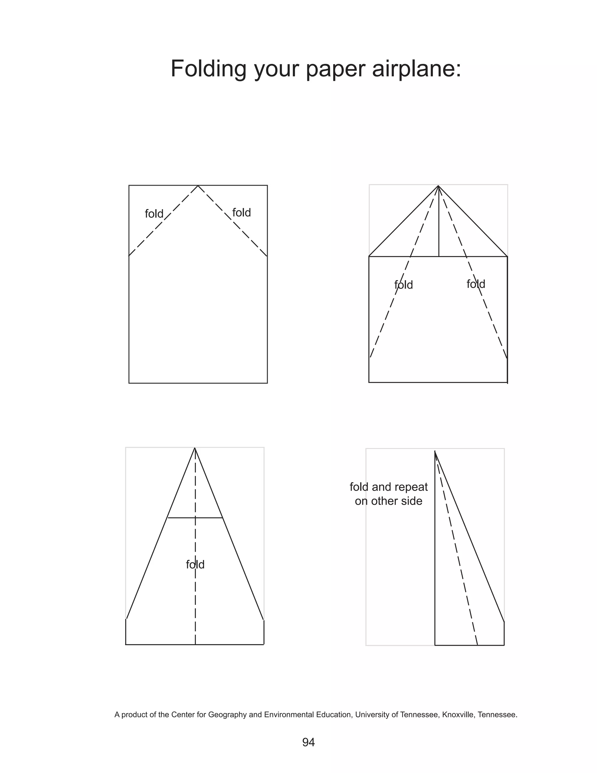 Folding your paper airplane:




        fold                     fold




                                                                              fold                fold




                                                                 fold and repeat
                                                                  on other side




                    fold




A product of the Center for Geography and Environmental Education, University of Tennessee, Knoxville, Tennessee.


                                                    94
 