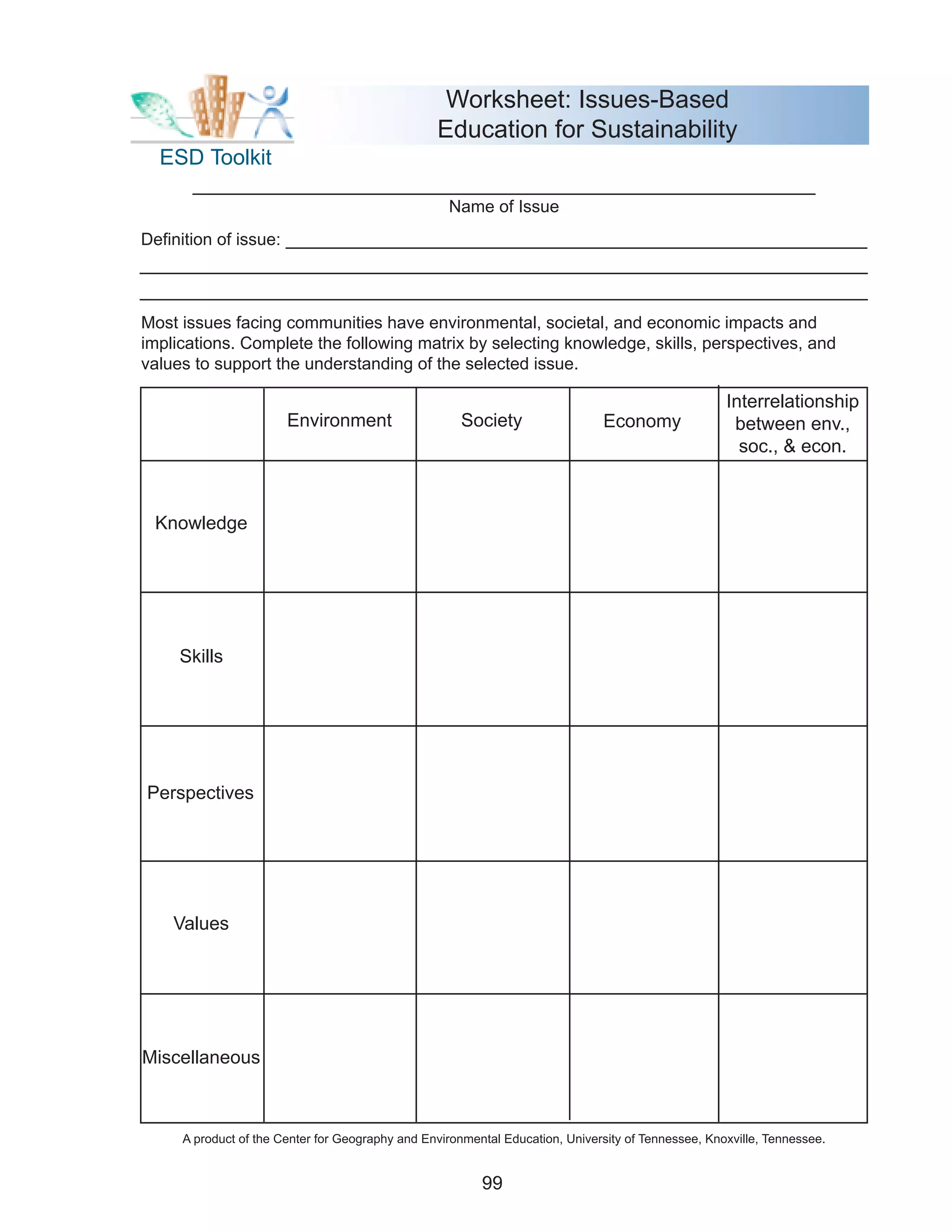 Worksheet: Issues-Based
                                                 Education for Sustainability
  ESD Toolkit
      ____________________________________________________________
                                                   Name of Issue
Definition of issue: ________________________________________________________
_____________________________________________________________________
_____________________________________________________________________
Most issues facing communities have environmental, societal, and economic impacts and
implications. Complete the following matrix by selecting knowledge, skills, perspectives, and
values to support the understanding of the selected issue.

                                                                                                    Interrelationship
                       Environment                   Society                  Economy                between env.,
                                                                                                      soc., & econ.



 Knowledge




     Skills




Perspectives




    Values




Miscellaneous



     A product of the Center for Geography and Environmental Education, University of Tennessee, Knoxville, Tennessee.


                                                         99
 