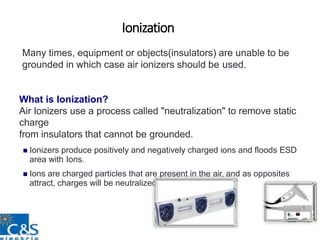 Ionization
Many times, equipment or objects(insulators) are unable to be
grounded in which case air ionizers should be used.
What is Ionization?
Air Ionizers use a process called "neutralization" to remove static
charge
from insulators that cannot be grounded.
 Ionizers produce positively and negatively charged ions and floods ESD
area with Ions.
 Ions are charged particles that are present in the air, and as opposites
attract, charges will be neutralized over time.
 
