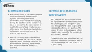 • Electrostatic tester is the core component
of the ESD turnstile access control
system. It indirectly reflects the
electrostatic index of the human body by
testing the resistance of the human body,
so as to ensure that the tested person is
qualified to wear shoes, wristbands, etc.
at the same time, it outputs signals to the
subsequent components to drive the
channel mechanism.
• According to the grouping signal of the
central controller, the card swiper can be
operated in four situations: hand and foot
measurement, hand only measurement,
foot only measurement, and no ESD
detection.
Electrostatic tester
• ESD detector and inductive card reader
are equipped in the entrance direction of
the turnstile gate, and one person can
pass through after the card swiping and
electrostatic detection are qualified. The
outside direction is also equipped with an
inductive card reader for the company to
set a two-way channel.
• The exit turnstile gate is equipped with an
out-of-office inductive card reader, which
can be set to swipe the card to go out or
to go out freely.
Turnstile gate of access
control system
 