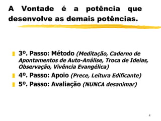 A Vontade é a potência que desenvolve as demais potências. 3º. Passo: Método   (Meditação, Caderno de Apontamentos de Auto-Análise, Troca de Ideias,  Observação,   Vivência Evangélica) 4º. Passo: Apoio   (Prece, Leitura Edificante) 5º. Passo: Avaliação   (NUNCA desanimar) 