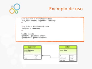 Exemplo de uso

class	
  Customer	
  <	
  ActiveRecord::Base
	
  	
  has_many	
  :orders,	
  dependent:	
  :destroy
end
	
  
class	
  Order	
  <	
  ActiveRecord::Base
	
  	
  belongs_to	
  :customer
end

#	
  rails	
  console
$	
  @orders	
  =	
  @customer.orders
$	
  @costumer	
  =	
  @order.customer
 