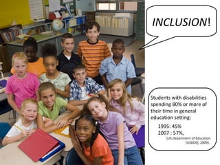 INCLUSION!




Students with disabilities
spending 80% or more of
their time in general
education setting:
   1995: 45%
   2007 : 57%,
       (US Department of Education
                  [USDOE], 2009).
 