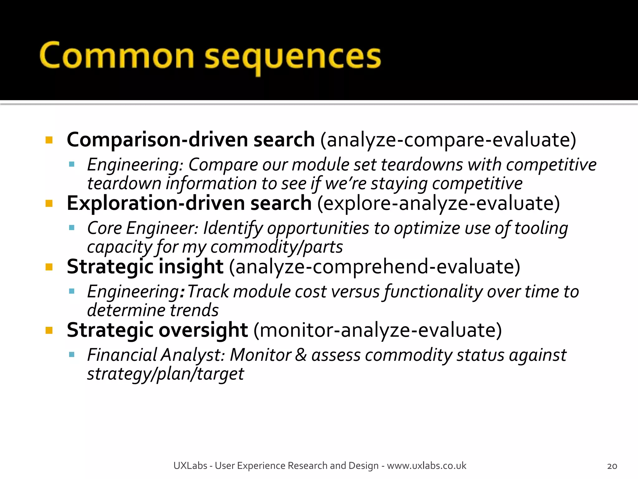    Comparison-driven search (analyze-compare-evaluate)
     Engineering: Compare our module set teardowns with competitive
      teardown information to see if we’re staying competitive
   Exploration-driven search (explore-analyze-evaluate)
     Core Engineer: Identify opportunities to optimize use of tooling
      capacity for my commodity/parts
   Strategic insight (analyze-comprehend-evaluate)
     Engineering: Track module cost versus functionality over time to
      determine trends
   Strategic oversight (monitor-analyze-evaluate)
     Financial Analyst: Monitor & assess commodity status against
      strategy/plan/target



                 UXLabs - User Experience Research and Design - www.uxlabs.co.uk   20
 