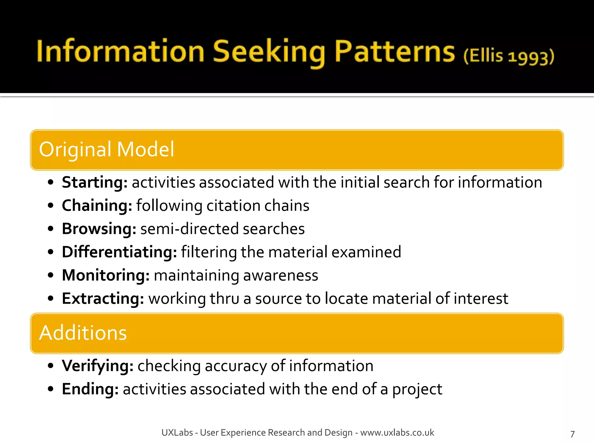 Original Model
•   Starting: activities associated with the initial search for information
•   Chaining: following citation chains
•   Browsing: semi-directed searches
•   Differentiating: filtering the material examined
•   Monitoring: maintaining awareness
•   Extracting: working thru a source to locate material of interest

Additions
• Verifying: checking accuracy of information
• Ending: activities associated with the end of a project

                  UXLabs - User Experience Research and Design - www.uxlabs.co.uk   7
 