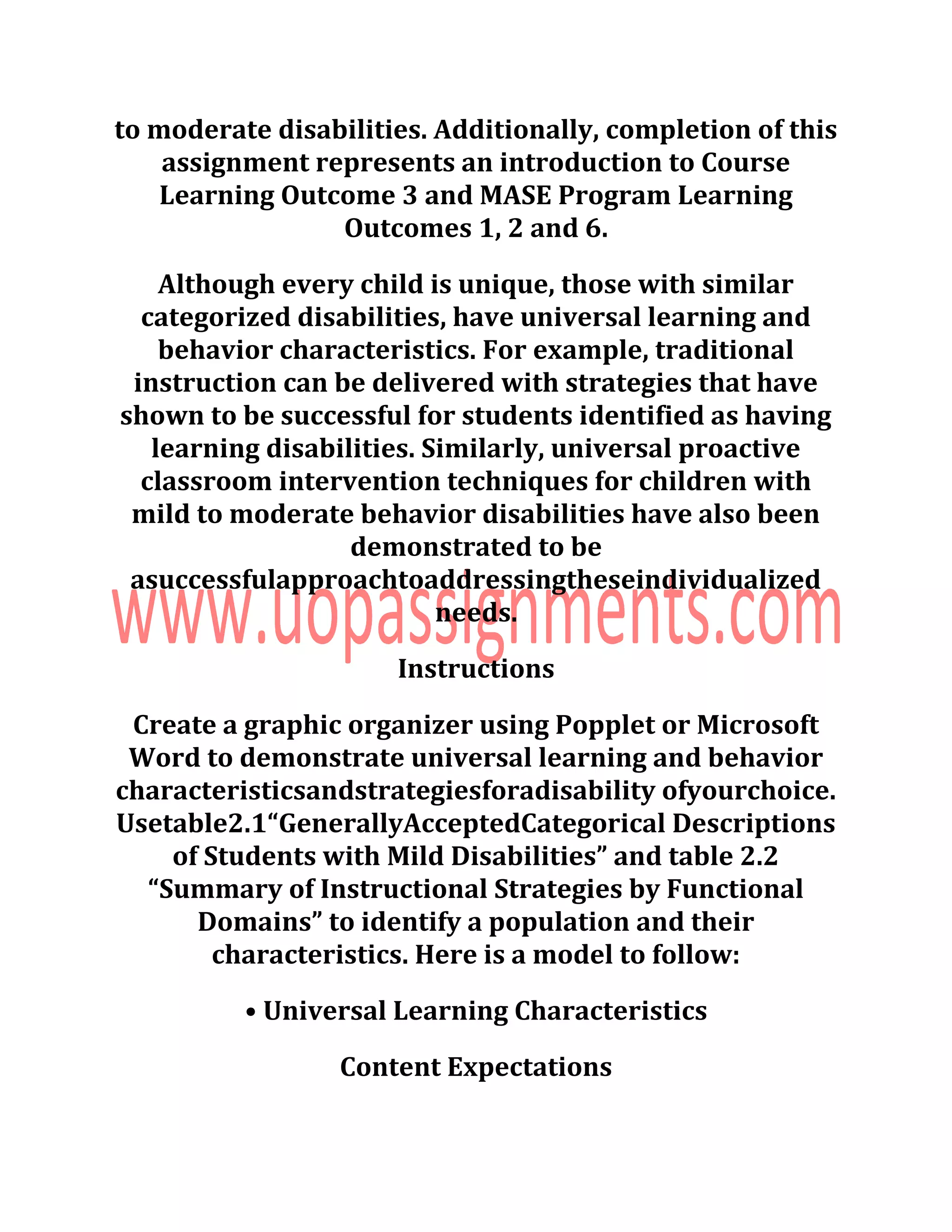 Ese 601 week 3 assignment universal learning characteristics new | DOC