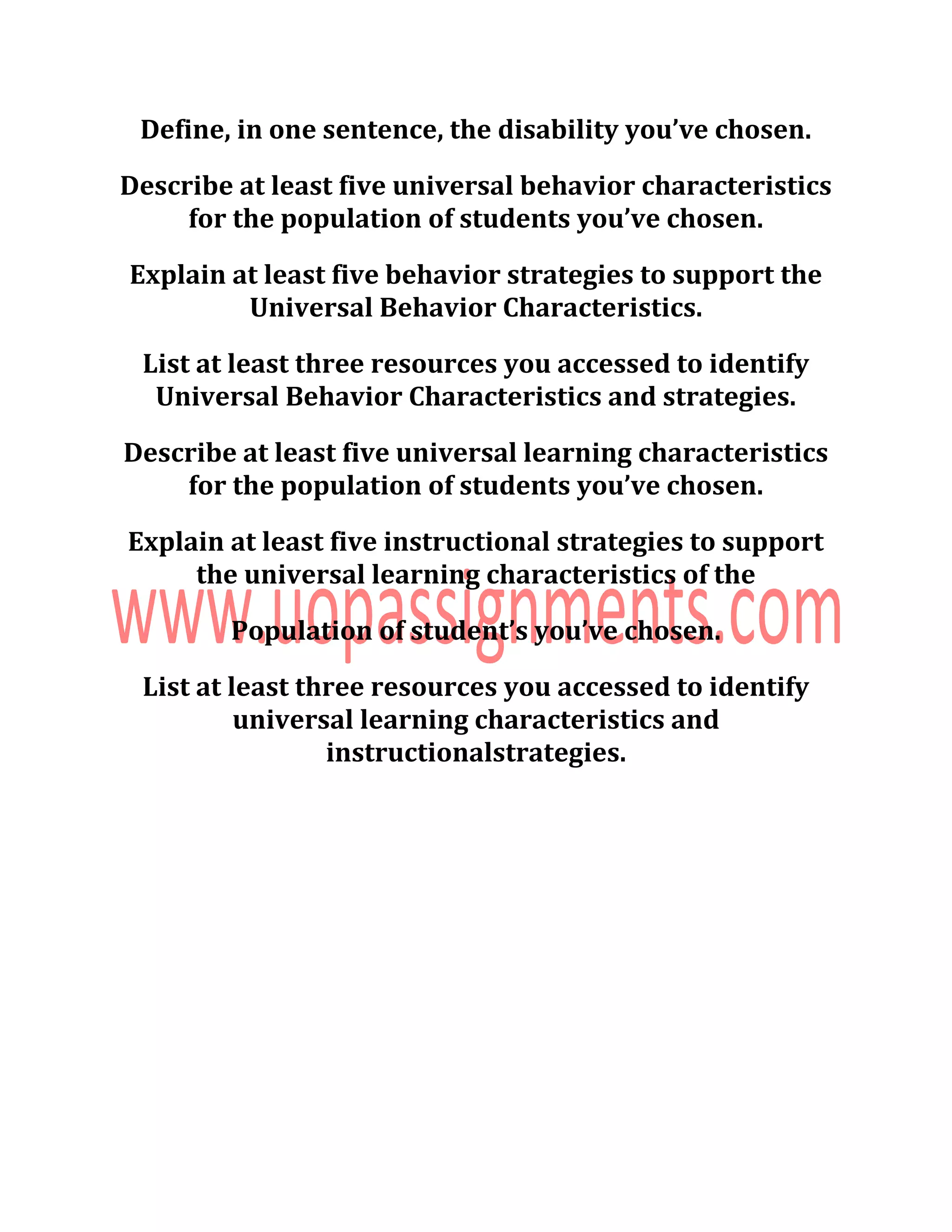 Ese 601 week 3 assignment universal learning characteristics new | DOC