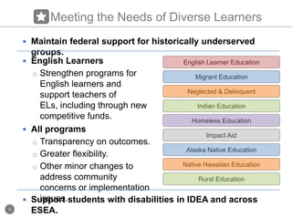        College- and Career-Ready Students – ApproachRethinking the federal accountability systemUse growth and progress to measure schools.