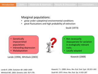 • Genetically
impoverished
populations
• Inbreeding depression
• Maladaptation
• Not necessarily
depauperate for variation
in ecologically relevant
traits.
• Locally adapted
Introduction Aims Materials & Methods Results & Discussion Conclusions
Marginal populations:
• grow under suboptimal environmental conditions
• great fluctuations and high probability of extinction
Soulé (1973)
?
Kawecki, T. J. 2008. Annu. Rev. Ecol. Evol. Syst. 39:321–342.
Soulé M. 1973. Annu. Rev. Ecol. Sys. 4:165-187
Lande R. 1994. Evolution 48: 1460–1469.
Whitlock MC. 2003. Genetics 164: 767–779.
Lande (1994), Whitlock (2003) Kawecki (2008)
 