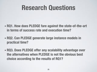 Research Questions
• RQ1. How does PLEDGE fare against the state-of-the-art
in terms of success rate and execution time?
• RQ2. Can PLEDGE generate large instance models in
practical time?
• RQ3. Does PLEDGE offer any scalability advantage over
the alternatives when PLEDGE is not the obvious best
choice according to the results of RQ1?
25
 