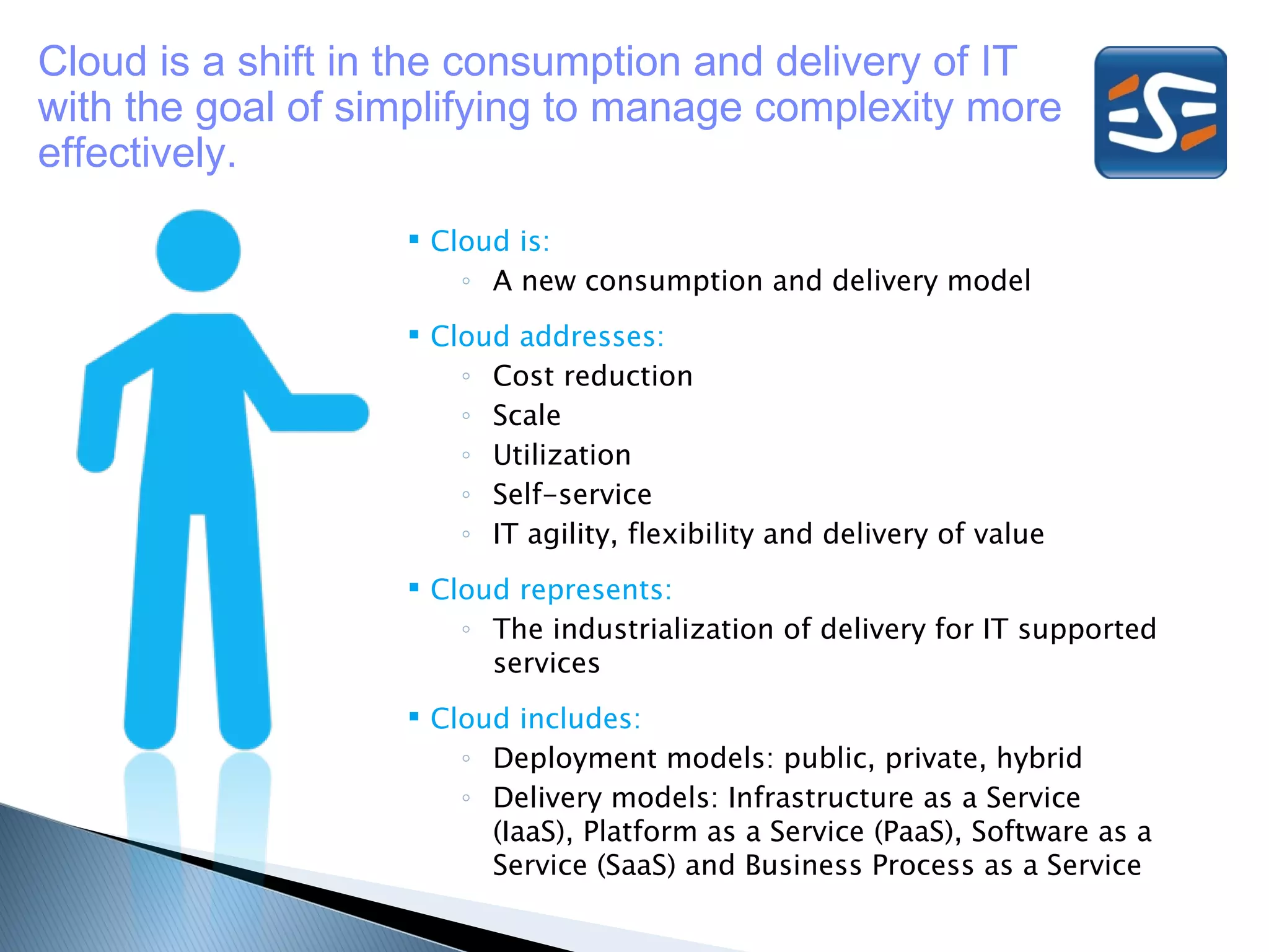 Cloud is a shift in the consumption and delivery of IT
with the goal of simplifying to manage complexity more
effectively.
                    Cloud is:
                       ◦ A new consumption and delivery model
                    Cloud addresses:
                       ◦ Cost reduction
                       ◦ Scale
                       ◦ Utilization
                       ◦ Self-service
                       ◦ IT agility, flexibility and delivery of value
                    Cloud represents:
                       ◦ The industrialization of delivery for IT supported
                         services
                    Cloud includes:
                       ◦ Deployment models: public, private, hybrid
                       ◦ Delivery models: Infrastructure as a Service
                         (IaaS), Platform as a Service (PaaS), Software as a
                         Service (SaaS) and Business Process as a Service
 