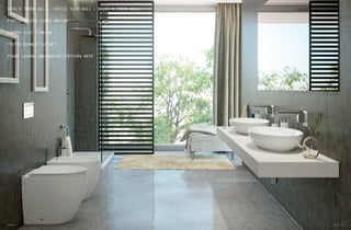 34 Bull Bull 35
VASO A TERRA BULL - SEDILE SLIM BULL - BIDET A TERRA BULL
PIATTO DOCCIA LINEA 80x120
LAVABO FLAT 2 60x40
“TUTTO BIANCO LUCIDO”
PIANO LAVABO 180x50Xh10 FINITURA NEVE
 