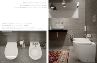 VASO SOSPESO BULL500 BIANCO / BULL500 WALL HUNG WC WHITE – ART.WCSB500
SEDILE BULL500 BIANCO / BULL500 SEAT COVER WHITE – ART.CWB500F
BIDET SOSPESO BULL500 BIANCO / BULL500 WALL HUNG BIDET WHITE – ART.BDSB500
PILETTA IN OTTONE CON TAPPO IN CERAMICA BIANCO / BRASS WASTE WITH CERAMIC PLUG WHITE – ART.WPIL
LAVABO QUBE 1 BIANCO / QUBE 1 WASHBASIN WHITE – ART.LVQ1
VASO TERRA BULL500 BIANCO / BULL500 BACK TO WALL WC WHITE – ART.WCB500
SEDILE BULL500 BIANCO / BULL500 SEAT COVER WHITE – ART.CWB500F
BIDET TERRA BULL500 BIANCO / BULL500 BACK TO WALL BIDET WHITE – ART.BDB500
98 Bull500
 