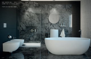 10 Bull Bull 11
VASO SOSPESO BULL - SEDILE SLIM BULL - BIDET SOSPESO BULL,
LAVABO FLAT 6 IN SOLID SURFACE - VASCA BULL IN SOLID SURFACE
“TUTTO IN FINITURA PANNA”
 