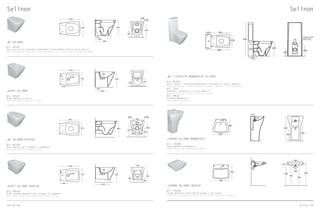 _WC SELINON
Art. WCSLN
Vaso con scarico a parete trasformabile a pavimento tramite curva tecnica
Free standing wc with wall trap chargeable into floor trap by technical bend
_BIDET SELINON
Art. BDSLN
Bidet monoforo a terra
Free standing single hole bidet
_WC SELINON SOSPESO
Art. WCSLNS
Vaso sospeso con fissaggio a scomparsa
Wall hung wc with hidden fixing
_BIDET SELINON SOSPESO
Art. BDSLNS
Bidet sospeso monoforo con fissaggio a scomparsa
Wall hung single hole bidet with hidden fixing
Selinon
Ceramica Esedra S.r.l.
Località Quartaccio, snc · 01034 Fabrica di Roma (VT)
Tel. +39 0761 541055 · Fax +39 0761 598449
Info@ceramicaesedra.com · www.ceramicaesedra.com
Art. WCSLN
made in italy
180
420
110
355
180
360
ø100
ø55
Ceramica Esedra S.r.l.
Località Quartaccio, snc · 01034 Fabrica di Roma (VT)
Tel. +39 0761 541055 · Fax +39 0761 598449
Info@ceramicaesedra.com · www.ceramicaesedra.com
SERIES: SELINON
OBJECT: BIDET
Art. BDSLN
made in italy
Ø 45
150
360
550
160
180
370
75
420
230
120
210
Ceramica Esedra S.r.l.
Località Quartaccio, snc · 01034 Fabrica di Roma (VT)
Tel. +39 0761 541055 · Fax +39 0761 598449
Info@ceramicaesedra.com · www.ceramicaesedra.com
SERIES: SELINON
OBJECT: WC SOSPESO
Art. WCSLNS
made in italy
550
420
370
330
365
180
235
ø100ø55
Ceramica Esedra S.r.l.
Località Quartaccio, snc · 01034 Fabrica di Roma (VT)
Tel. +39 0761 541055 · Fax +39 0761 598449
Info@ceramicaesedra.com · www.ceramicaesedra.com
SERIES: SELINON
OBJECT: BIDET SOSPESO
Art. BDSLNS
made in italy
Ø 45
550
370
65
205
200
250
400
160
120 330
180
420
Ceramica Esedra S.r.l.
Località Quartaccio, snc · 01034 Fabrica di Roma (VT)
Tel. +39 0761 541055 · Fax +39 0761 598449
Info@ceramicaesedra.com · www.ceramicaesedra.com
SERIES: SELINON
OBJECT: WC
Art. WCSLN
made in italy
180
550
420
110
370
355
180
360
ø100
ø55
Ceramica Esedra S.r.l.
Località Quartaccio, snc · 01034 Fabrica di Roma (VT)
Tel. +39 0761 541055 · Fax +39 0761 598449
Info@ceramicaesedra.com · www.ceramicaesedra.com
SERIES: SELINON
OBJECT: BIDET
Art. BDSLN
made in italy
Ø 45
150
360
550
160
180
370
75
420
230
120
210
Ceramica Esedra S.r.l.
Località Quartaccio, snc · 01034 Fabrica di Roma (VT)
Tel. +39 0761 541055 · Fax +39 0761 598449
Info@ceramicaesedra.com · www.ceramicaesedra.com
SERIES: SELINON
OBJECT: WC SOSPESO
Art. WCSLNS
made in italy
550
420
370
330
365
180
235
ø100ø55
SERIES: SELINON
OBJECT: BIDET SOSPESO
Ø 45
550
370
65
205
250
160
120 330
180
420
Ceramica Esedra S.r.l.
Località Quartaccio, snc · 01034 Fabrica di Roma (VT)
Tel. +39 0761 541055 · Fax +39 0761 598449
Info@ceramicaesedra.com · www.ceramicaesedra.com
Art. WCSLN
made in italy
180
420
110
355
180
360
ø100
ø55
Ceramica Esedra S.r.l.
Località Quartaccio, snc · 01034 Fabrica di Roma (VT)
Tel. +39 0761 541055 · Fax +39 0761 598449
Info@ceramicaesedra.com · www.ceramicaesedra.com
SERIES: SELINON
OBJECT: BIDET
Art. BDSLN
made in italy
Ø 45
150
360
550
160
180
370
75
420
230
120
210
Ceramica Esedra S.r.l.
Località Quartaccio, snc · 01034 Fabrica di Roma (VT)
Tel. +39 0761 541055 · Fax +39 0761 598449
Info@ceramicaesedra.com · www.ceramicaesedra.com
SERIES: SELINON
OBJECT: WC SOSPESO
Art. WCSLNS
made in italy
550
420
370
330
365
180
235
ø100ø55
Ceramica Esedra S.r.l.
Località Quartaccio, snc · 01034 Fabrica di Roma (VT)
Tel. +39 0761 541055 · Fax +39 0761 598449
Info@ceramicaesedra.com · www.ceramicaesedra.com
SERIES: SELINON
OBJECT: BIDET SOSPESO
Art. BDSLNS
made in italy
Ø 45
550
370
65
205
200
250
400
160
120 330
180
420
158 Selinon Selinon 159
Ceramica Esedra S.r.l.
Località Quartaccio, snc · 01034 Fabrica di Roma (VT)
Tel. +39 0761 541055 · Fax +39 0761 598449
Info@ceramicaesedra.com · www.ceramicaesedra.com
made in italy
SERIES: SELINON
OBJECT: LAVABO MONOBLOCCO
Art. LVSLMN
500
400
850 150
110
130
540
460
60
Ceramica Esedra S.r.l.
Località Quartaccio, snc · 01034 Fabrica di Roma (VT)
Tel. +39 0761 541055 · Fax +39 0761 598449
Info@ceramicaesedra.com · www.ceramicaesedra.com
made in italy
SERIES: SELINON
OBJECT: LAVABO MONOBLOCCO
Art. LVSLMN
500
400
850 150
110
130
540
460
60
Ceramica Esedra S.r.l.
Località Quartaccio, snc · 01034 Fabrica di Roma (VT)
Tel. +39 0761 541055 · Fax +39 0761 598449
Info@ceramicaesedra.com · www.ceramicaesedra.com
made in italy
SERIES: SELINON
OBJECT: LAVABO MONOBLOCCO
Art. LVSLMN
500
400
850 150
110
130
540
460
60
_LAVABO SELINON MONOBLOCCO
Art. LVSLMN
Lavabo monoforo monoblocco
Single hole free standing washbasin
Ceramica Esedra S.r.l.
Località Quartaccio, snc · 01034 Fabrica di Roma (VT)
Tel. +39 0761 541055 · Fax +39 0761 598449
Info@ceramicaesedra.com · www.ceramicaesedra.com
made in italy
SERIES: SELINON
OBJECT: LAVABO INCASSO
Art. LVSLNA
170130
135
795 840
700
280
600
500
600
150
80
80
Ceramica Esedra S.r.l.
Località Quartaccio, snc · 01034 Fabrica di Roma (VT)
Tel. +39 0761 541055 · Fax +39 0761 598449
Info@ceramicaesedra.com · www.ceramicaesedra.com
made in italy
SERIES: SELINON
OBJECT: LAVABO INCASSO
Art. LVSLNA
170130
135
795 840
700
280
600
500
600
150
80
80
SERIES: SELINON
OBJECT: LAVABO INCASSO
170130
135
795 840
700
280
600
500
600
150
80
80
_LAVABO SELINON INCASSO
Art. LVSLNA
Lavabo monoforo installabile sospeso o ad incasso
Single hole washbasin can be installed wall hung or fitted on
Selinon
_WC + CASSETTA MONOBLOCCO SELINON
Art. WCSLN
Vaso a terra + cassettone monoblocco + cassetta di scarico Geberit
Free standing wc + free standing cistern + Geberit flushing system
Art. I720
Cassetta + batteria di scarico Geberit
Geberit flushing system + plastic cistern
Art. CMSLN
Cassetta monoblocco
Free standing cistern
Ingresso Acqua
Water Insert
690
180
370
70
420
250
950
300
140
315
Ingresso Acqua
Water Insert
690
180
370
70
550140
420
250
950
300
140
315
Ingresso Acqua
Water Insert
690
180
370
70
420
250
950
300
140
315
 
