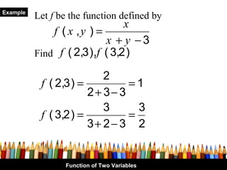 Example
          Let f be the function defined by
                                x
              f ( x ,y ) =
                           x + y −3
          Find f ( 2,3 ),f ( 3,2 )

                          2
           f ( 2,3 ) =         =1
                       2+ 3− 3
                          3      3
           f ( 3,2 ) =         =
                       3+ 2− 3 2


                 Function of Two Variables
 
