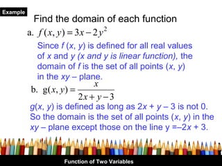 Example
            Find the domain of each function
          a. f ( x, y ) = 3 x − 2 y 2
            Since f (x, y) is defined for all real values
            of x and y (x and y is linear function), the
            domain of f is the set of all points (x, y)
            in the xy – plane.
                             x
          b. g( x, y ) =
                         2x + y − 3
          g(x, y) is defined as long as 2x + y – 3 is not 0.
          So the domain is the set of all points (x, y) in the
          xy – plane except those on the line y =–2x + 3.


                   Function of Two Variables
 