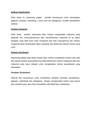 Aplikasi (Application)
Pada tahap ini, seseorang pelajar memiliki kemampuan untuk menerapkan
gagasan, prosedur, metodologi , rumus, teori dan sebagainya di dalam persekitaran
sebenar.
Analisis (Analysis)
Pada tahap analisis, seseorang akan mampu menganalisa maklumat yang
diperoleh dan mencerakinkannya atau menstrukturkan maklumat itu ke dalam
bahagian yang lebih kecil untuk mengenali pola atau hubungannya dan mampu
mengenali serta membezakan faktor penyebab dan akibat dari sebuah senario yang
rumit.
Sintesis (Synthesis)
Seseorang pelajar pada tahap sintesis akan mampu menjelaskan struktur atau pola
dari sebuah senario yang sebelumnya tidak terlihat dan mampu mengenali data atau
maklumat yang harus didapati untuk menghasilkan bentuk penyelesaian yang
diharapkan..
Penilaian (Evaluation)
Dikenali dari kemampuan untuk memberikan penilaian terhadap penyelesaian,
gagasan, metodologi dan sebagainya dengan menggunakan kriteria yang sesuai
atau standard yang ada untuk memastikan nilai efektif atau manfaatnya.
 