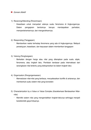 Domain Afektif
1) Receiving/Attending (Penerimaan)
⁻ Kesediaan untuk menyedari adanya suatu fenomena di lingkungannya.
Dalam pengajaran bentuknya berupa mendapatkan perhatian,
mempertahankannya, dan mengarahkannya.
2) Responding (Tanggapan)
⁻ Memberikan reaksi terhadap fenomena yang ada di lingkungannya. Meliputi
persetujuan, kesediaan, dan kepuasan dalam memberikan tanggapan
3) Valuing (Penghargaan)
⁻ Berkaitan dengan harga atau nilai yang diterapkan pada suatu objek,
fenomena, atau tingkah laku. Penilaian berdasar pada internalisasi dari
serangkaian nilai tertentu yang diekspresikan ke dalam tingkah laku
4) Organization (Pengorganisasian)
⁻ Memadukan nilai-nilai yang berbeza, menyelesaikan konflik di antaranya, dan
membentuk suatu sistem nilai yang konsisten
5) Characterization by a Value or Value Complex (Karakterisasi Berdasarkan Nilai-
nilai)
⁻ Memiliki sistem nilai yang mengendalikan tingkah-lakunya sehingga menjadi
karakteristik gaya-hidupnya.
 