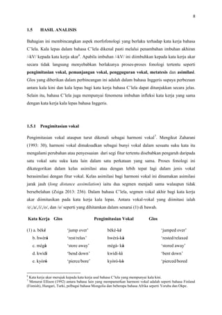 8
1.5 HASIL ANALISIS
Bahagian ini membincangkan aspek morfofonologi yang berlaku terhadap kata kerja bahasa
C’lela. Kala lepas dalam bahasa C’lela dikenal pasti melalui penambahan imbuhan akhiran
/-kV/ kepada kata kerja akar6
. Apabila imbuhan /-kV/ ini diimbuhkan kepada kata kerja akar
secara tidak langsung menyebabkan berlakunya proses-proses fonologi tertentu seperti
pengimitasian vokal, pemanjangan vokal, pengguguran vokal, metatesis dan asimilasi.
Glos yang diberikan dalam perbincangan ini adalah dalam bahasa Inggeris supaya perbezaan
antara kala kini dan kala lepas bagi kata kerja bahasa C’lela dapat ditunjukkan secara jelas.
Selain itu, bahasa C’lela juga mempunyai fenomena imbuhan infleksi kata kerja yang sama
dengan kata kerja kala lepas bahasa Inggeris.
1.5.1 Pengimitasian vokal
Pengimitasian vokal ataupun turut dikenali sebagai harmoni vokal7
. Mengikut Zaharani
(1993: 30), harmoni vokal dimaksudkan sebagai bunyi vokal dalam sesuatu suku kata itu
mengalami perubahan atau penyesuaian dari segi fitur tertentu disebabkan pengaruh daripada
satu vokal satu suku kata lain dalam satu perkataan yang sama. Proses fonologi ini
dikategorikan dalam kelas asimilasi atau dengan lebih tepat lagi dalam jenis vokal
berasimilasi dengan fitur vokal. Kelas asimilasi bagi harmoni vokal ini dinamakan asimilasi
jarak jauh (long distance assimilation) iaitu dua segmen menjadi sama walaupun tidak
bersebelahan (Zsiga 2013: 236). Dalam bahasa C’lela, segmen vokal akhir bagi kata kerja
akar diimitasikan pada kata kerja kala lepas. Antara vokal-vokal yang diimitasi ialah
/e/,/a/,/i/,/o/, dan /o/ seperti yang dihitamkan dalam senarai (1) di bawah.
Kata Kerja Glos Pengimitasian Vokal Glos
(1) a. bèké ‘jump over’ bèké-kè ‘jumped over’
b. hwèrá ‘rest/relax’ hwèrá-kà ‘rested/relaxed
c. mègà ‘store away’ mègà- kà ‘stored away’
d. kwìdí ‘bend down’ kwìdí-kì ‘bent down’
e. kyòró ‘pierce/bore’ kyòró-kò ‘pierced/bored
6
Kata kerja akar merujuk kepada kata kerja asal bahasa C’lela yang mempunyai kala kini.
7
Menurut Ellison (1992) antara bahasa lain yang mempamerkan harmoni vokal adalah seperti bahasa Finland
(Finnish), Hungari, Turki, pelbagai bahasa Mongolia dan beberapa bahasa Afrika seperti Yoruba dan Okpe.
 