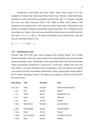 9
Pengimitasian vokal dalam kata kerja infleksi seperti dalam senarai (1) di atas
merupakan ciri umum bagi subgolongan bahasa Niger-Congo. Misalnya, dalam bahasa Igbo,
pegimitasian vokal menyebabkan penambahan penanda kala lepas /-rV/ kepada sesetengah
kata kerja akar bahasa berkenaan (Iloene 2007; Mbah & Mbah 2012). Bahasa C’lela
mengalami proses pengimitasian vokal yang sama seperti bahasa Igbo. Pengimitasian yang
berlaku menyebabkan berlakunya penambahan penanda kala lepas /-kV/ terhadap kata kerja
dasar bahasa ini. Antara vokal-vokal yang diimitasikan dalam segmen vokal akhir kata kerja
akar ialah /e/, /a/, /a/, /i/ dan /o/. Di bawah menunjukkan rumus pengimitasian vokal atau
harmoni vokal dalam bahasa C’lela.
(2) V [+H] / __ #
1.5.2 Pemanjangan Vokal
Menurut Zsiga (2013:244) suatu segmen panjang boleh menjadi pendek, iaitu merujuk
kepada pemendekan vokal, dan segmen pendek boleh menjadi panjang, iaitu merujuk kepada
proses pemanjangan vokal. Pemanjangan vokal yang berlaku dalam suatu bahasa dinamakan
sebagai pemanjangan kompensatori (compensatory lengthening). Infleksi kata kerja kala
lepas bahasa C’lela juga melibatkan proses pemanjangan vokal, dan dikenal pasti apabila
vokal pendek kata kerja monosilabik diartikulasikan sebagai panjang pada bentuk perfektif.
Hal ini berlaku dipengaruhi integriti slot output yang mempunyai strtuktur suku kata KVV
KV atau KVK KV.
Kata Kerja Glos Perfektif Glos
(3) a. hyà ‘deny’ hyàa-ká ‘had denied (statement)’
b. pú ‘boil’ púu-kù ‘boiled’
c. tá ‘finish’ táa-kà ‘finished/be over’
d. tó ‘leave’ tóo-kò ‘left/gone’
e. wà ‘buy’ wàa-kà ‘bought’
f. kyù ‘press down’ kyùu-kù ‘pressed down’
g. dàa ‘touch lightly’ dáa-ká ‘touched lightly’
h. zóo ‘forge’ zóo-ká ‘forged’
i. pyàa ‘trim cut away’ pyàa-kà ‘trimmed cut away’
j. zòlá ‘bath’ zòl-ká ‘bathed’
 