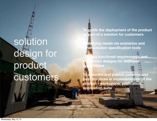 To guide the deployment of the product
as part of a solution for customers
Identifying needs via scenarios and
other solut...