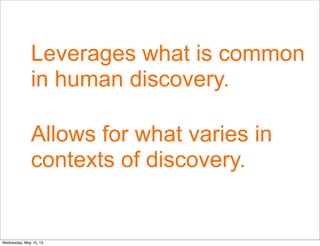 Leverages what is common
in human discovery.
Allows for what varies in
contexts of discovery.
Wednesday, May 15, 13
 
