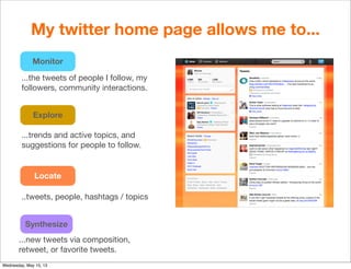 Monitor
Explore
...the tweets of people I follow, my
followers, community interactions.
...trends and active topics, and
s...