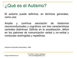 ¿Qué es el Autismo?
drcaguirre@hotmail.com
Dr. Carlos G. Aguirre Velázquez
www.neurologopediatra.com
El autismo puede definirse, en términos generales,
como una:
Amplia y contínua asociación de trastornos
neuroconductuales y cognitivos con tres características
centrales distintivas: Déficits en la socialización, déficit
en los patrones de comunicación verbal y no-verbal y
conductas restringidas y repetitivas.
American Psychiatric Association, 1994.
 