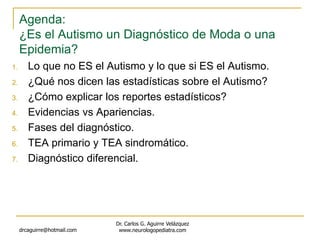 Agenda:
¿Es el Autismo un Diagnóstico de Moda o una
Epidemia?
1. Lo que no ES el Autismo y lo que si ES el Autismo.
2. ¿Qué nos dicen las estadísticas sobre el Autismo?
3. ¿Cómo explicar los reportes estadísticos?
4. Evidencias vs Apariencias.
5. Fases del diagnóstico.
6. TEA primario y TEA sindromático.
7. Diagnóstico diferencial.
drcaguirre@hotmail.com
Dr. Carlos G. Aguirre Velázquez
www.neurologopediatra.com
 