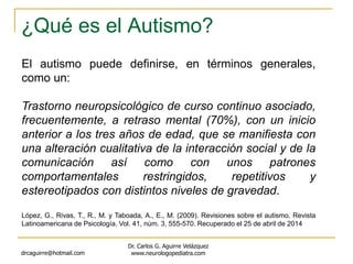 ¿Qué es el Autismo?
drcaguirre@hotmail.com
Dr. Carlos G. Aguirre Velázquez
www.neurologopediatra.com
El autismo puede definirse, en términos generales,
como un:
Trastorno neuropsicológico de curso continuo asociado,
frecuentemente, a retraso mental (70%), con un inicio
anterior a los tres años de edad, que se manifiesta con
una alteración cualitativa de la interacción social y de la
comunicación así como con unos patrones
comportamentales restringidos, repetitivos y
estereotipados con distintos niveles de gravedad.
López, G., Rivas, T., R., M. y Taboada, A., E., M. (2009). Revisiones sobre el autismo. Revista
Latinoamericana de Psicología. Vol. 41, núm. 3, 555-570. Recuperado el 25 de abril de 2014
 