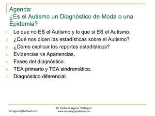 Agenda:
¿Es el Autismo un Diagnóstico de Moda o una
Epidemia?
1. Lo que no ES el Autismo y lo que si ES el Autismo.
2. ¿Qu...