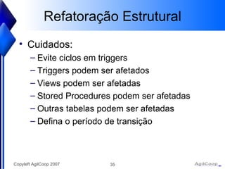 Refatoraç ão Estrutural Cuidados: Evite ciclos em triggers Triggers podem ser afetados Views podem ser afetadas Stored Procedures podem ser afetadas Outras tabelas podem ser afetadas Defina o per íodo de transição 