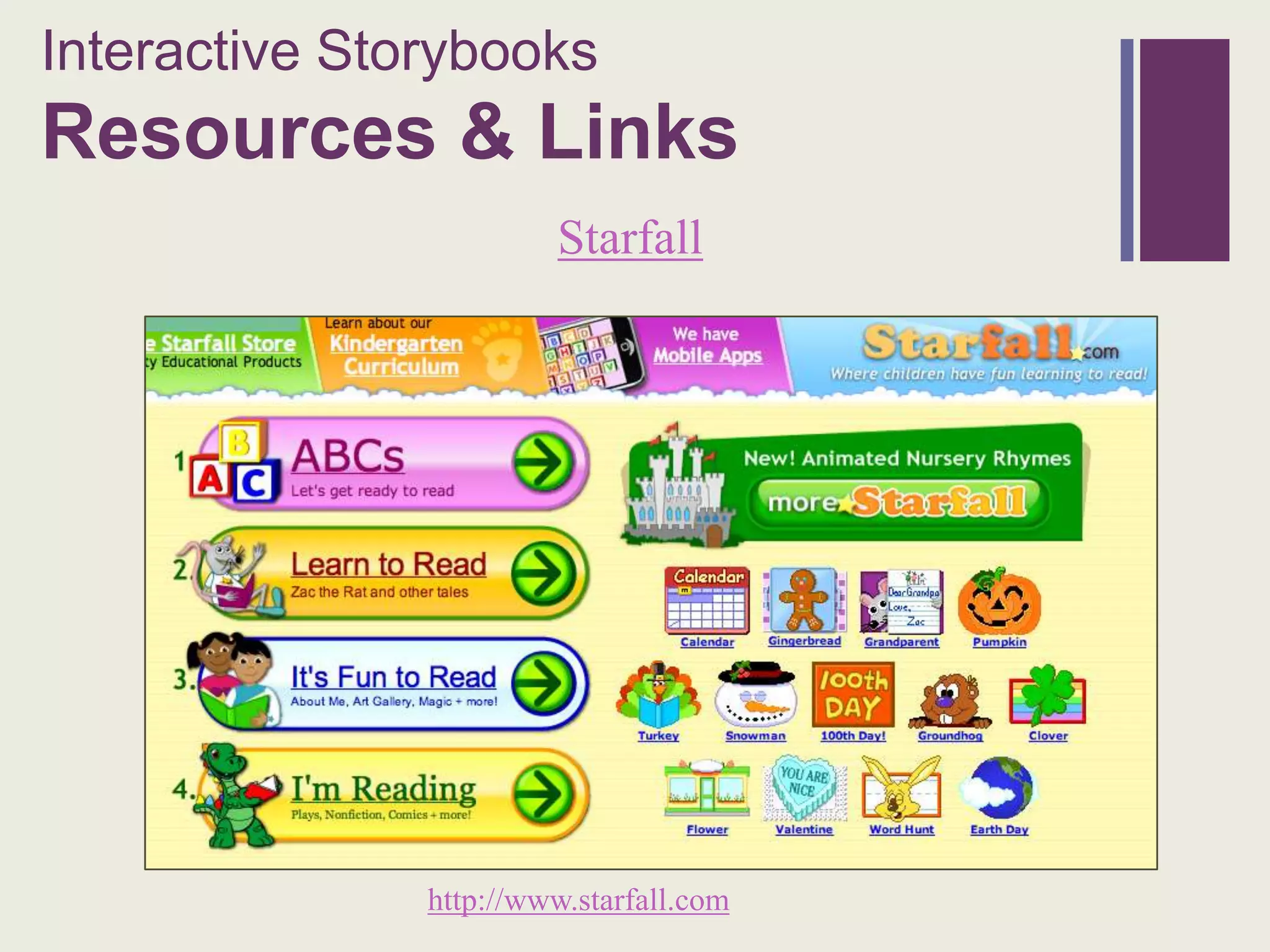 Interactive Storybooks
+
Resources & Links
                        Starfall




               http://www.starfall.com
 