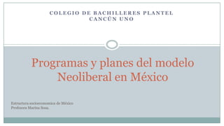 COLEGIO DE BACHILLERES PLANTEL
                               CANCÚN UNO




           Programas y planes del modelo
               Neoliberal en México
Estructura socioeconomica de México
Profesora Marina Sosa.
 