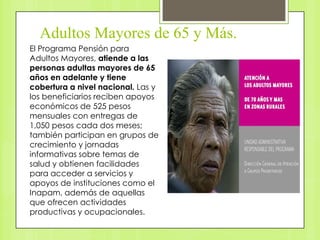 Adultos Mayores de 65 y Más.
El Programa Pensión para
Adultos Mayores, atiende a las
personas adultas mayores de 65
años en adelante y tiene
cobertura a nivel nacional. Las y
los beneficiarios reciben apoyos
económicos de 525 pesos
mensuales con entregas de
1,050 pesos cada dos meses;
también participan en grupos de
crecimiento y jornadas
informativas sobre temas de
salud y obtienen facilidades
para acceder a servicios y
apoyos de instituciones como el
Inapam, además de aquellas
que ofrecen actividades
productivas y ocupacionales.
 