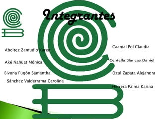 Integrantes:
Aboitez Zamudio Karen
Bivona Fugón Samantha
Caamal Pol Claudia
Centella Blancas Daniel
Aké Nahuat Mónica
Dzul Zapata Alejandra
Herrera Palma Karina
Sánchez Valderrama Carolina
 