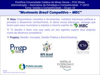 Pontifícia Universidade Católica de Minas Gerais – PUC Minas Administração – Seminários de Estratégia e Competitividade  1º./2010 Tema: Gestão e Competitividade – Grupo: 02 “ Movimento Brasil Competitivo – MBC” Meta:  Disponibilizar conceitos e ferramentas, mobilizar lideranças públicas e privadas e disseminar conhecimento    Gerar novas lideranças, pessoas que levem para seus municípios e estados o mesmo espírito do “ O desafio é fazer com que cada um dos agentes supere seus próprios níveis de eficiência competitiva.”  Projetos:  Gestão, Inovação, Gestão Pública e Benchmarking Fonte:   Disponível em http://www.mbc.org.br 