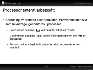 WWW.FORSVARSMAKTEN.SE




Processorienterat arbetssätt

• Beredning av ärenden eller produkter i Försvarsmakten ska
  som huvudregel genomföras i processer.
  – Processerna beskriver hur vi arbetar för att nå ett resultat.

  – Uppdrag och uppgifter (vad) ställs i linjeorganisationen och inte till
    processen.

  – Försvarsmaktens beslutade processer ska dokumenteras i en
    handbok.




                                     100                   VI VERKAR, SYNS OCH RESPEKTERAS
 