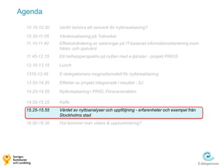 Agenda

  10.15-10.30   Varför behövs ett ramverk för nyttorealisering?

  10.35-11.05   Värderealisering på Tullverket
  11.10-11.40   Effektutvärdering av satsningar på IT-baserad informationshantering inom
                hälso- och sjukvård
  11.45-12.15   Ett helhetsperspektiv på nyttan med e-tjänster - projekt PRIOS

  12.15-13.15   Lunch

  1315-13.45    E-delegationens mognadsmodell för nyttorealisering

  13.50-14.20   Effekter av projekt integrerade i resultat - SJ

  14.25-14.55   Nyttorealisering i PRIO, Försvarsmakten

  14.55-15.25   Kaffe
  15.25-15.55   Värdet av nyttoanalyser och uppföljning - erfarenheter och exempel från
                Stockholms stad
  16.00-16.30   Hur kommer man vidare & uppsummering?
 